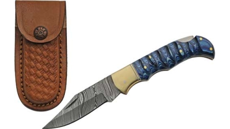 SZCO RITE EDGE 3" BLUE GROOVED - WOOD DAMASCUS LOCKBACK W/SHTH