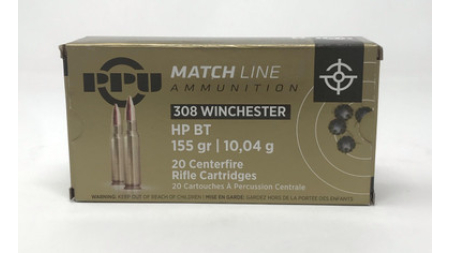Pruvi PPU 308 Winchester Ammunition PPM3081 155 Grain Boat Tail Hollow Point 20 Rounds