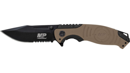 S&W KNIFE M&P INDEX FLIPPER - 3.5" BLACK/DESERT TAN CLIP PT