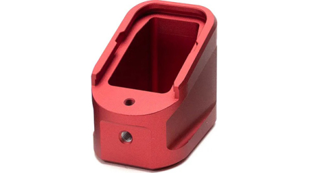 ALUMINUM EXTENDED MAGAZINE PLATE - RED, GLOCK G17 (9MM) / G22 (.40 CAL)