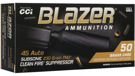 CCI Blazer Brass Clean-Fire Suppressor handgun Ammunition .45 Auto 230gr TMJ 800 fps 50/ct