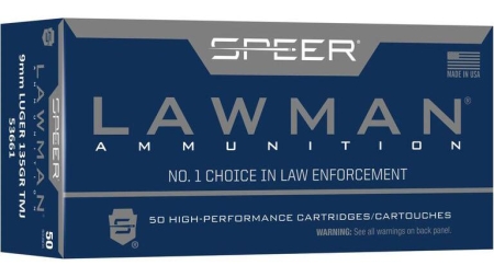 Speer Lawman Handgun Training Ammunition 9mm Luger 135gr TMJ 1120 fps 50/ct