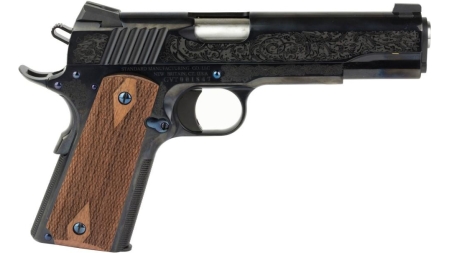 Standard Mfg 1911 Handgun .45 ACP 7rd Magazine 5" Barrel Black and Royal Blue Engraving with Brown Grips