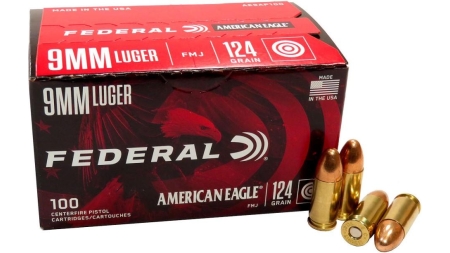 Federal American Eagle Handgun Ammo 9mm Luger 124 gr FMJ 1150 fps 100/ct