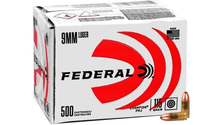 Federal Champion Training Handgun Ammunition 9mm Luger 115 gr FMJ 1125fps 500/ct (Bulk)