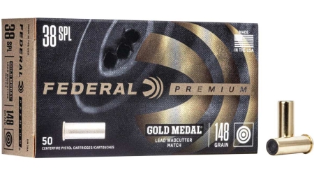 Federal Premium Gold Medal Handgun Ammunition .38 Spl 148 gr LWC 690 fps 50/box