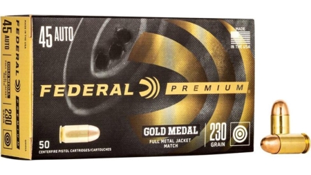 Federal Premium Gold Medal Handgun Ammunition .45 ACP 230 gr FMJ 860 fps 50/box