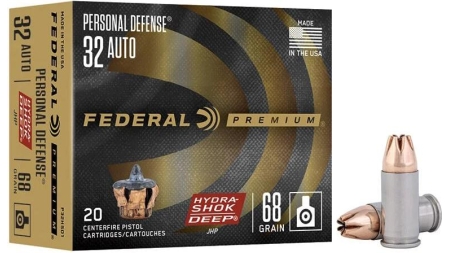 Federal Personal Defense Hydra-Shok Deep Ammunition .32 Auto 68gr JHP 1000 fps 20/ct