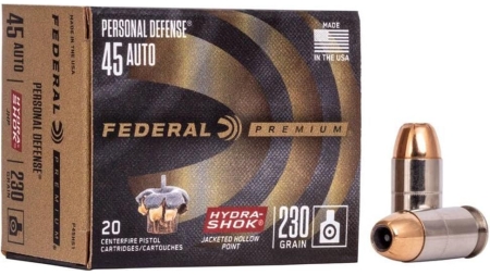 Federal Premuim Personal Defense Handgun Ammunition .45 ACP 230 gr JHP 900 fps 20/ct
