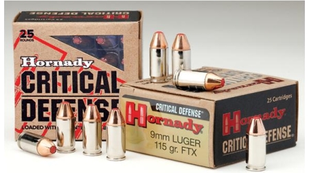 Hornady Critical Defense Handgun Ammunition 9mm Luger 115 gr. FTX 1140 fps 25/ct