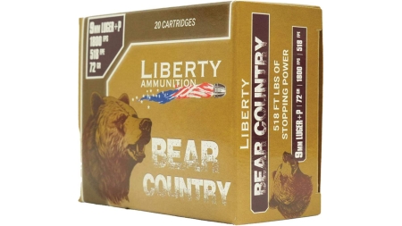 Liberty Bear Country Handgun Ammunition 9mm(+P) 72gr Solid 1850 fps 20/cts