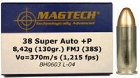 MagTech Handgun Ammunition .38 Super (+P) 130 gr FMJ 1215 fps 50/box
