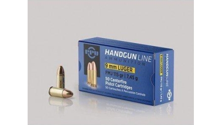 PPU Handgun Ammunition 9mm Luger  115 gr FMJ  1145 fps 50/ct
