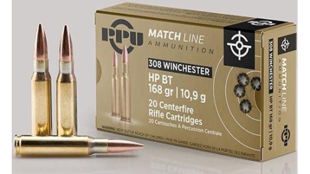 PPU Match Rifle Ammunition .308 Win Match 168 gr HPBT 2610 fps 20/ct