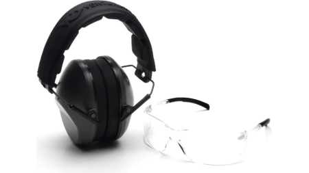 Pyramex Low Profile Combo Kit Passive Black Ear Muff 24dB Clear Shooting Glasses Clear with Clear Lens