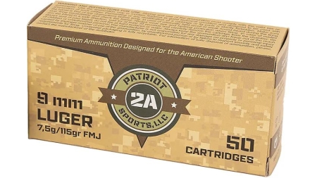 Patriot Sports Brass Case Handgun Ammunition 9mm Luger 115gr FMJ 1230 fps 1000/ct (20-50/ct Boxes)