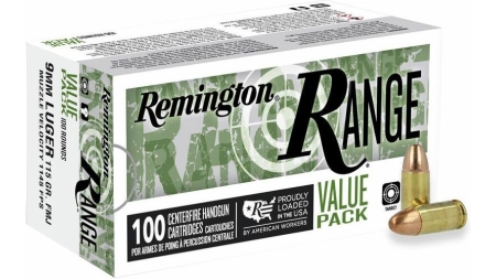 Remington Range Handgun Ammunition 9mm Luger 115gr FMJ 1145 fps 100/ct