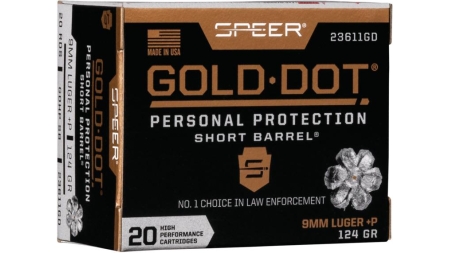 Speer Gold Dot Short Barrel Handgun Ammunition 9mm Luger (+P) 124 gr HP 1150 fps 20/ct
