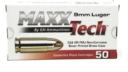 MAXXTech Handgun Ammunition 9mm Luger 124gr FMJ 1126 fps 50/ct