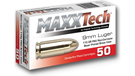 Maxxtech Brass Casefire Handgun Ammunition 9mm Luger 115 gr FMJ 50/ct