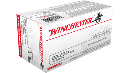 Winchester USA Rifle Ammunition .22-250 Rem 45 gr JHP 4000 fps 40/ct
