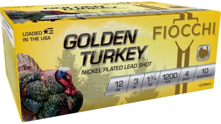 Fiocchi Golden Turkey Nickel Plated Shotshells 12ga 3" 1-3/4oz 1200 fps #4 10/ct