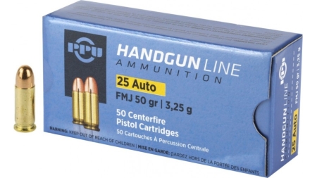 PPU 25 AUTO 50GR FMJ 50RD BOX 20 BOXES PER CASE