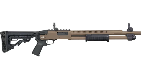 MOSSBERG 590R CERAKOTE 12G 3" SHOTGUN 18.5" W/ H.S., FDE, MOE GRIP/FLIP UP, 5 POSITION STOCK, 6+1