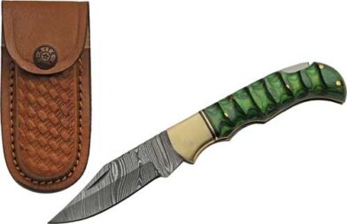 SZCO RITE EDGE 3" GREEN - GROOVED WOOD DAMASCUS LOCKBACK