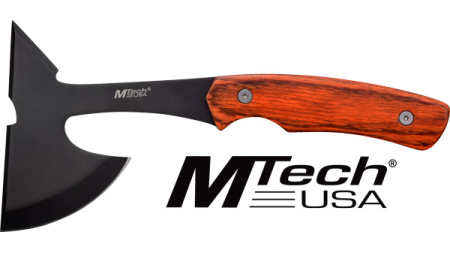 MC MTECH 9" TOMAHAWK W/SHEATH - 3" BLACK BLADE PAKKAWOOD HNDL