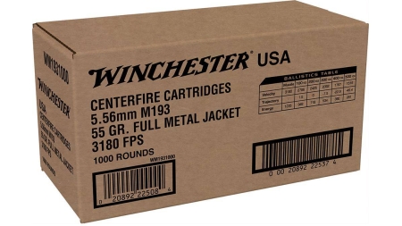 Winchester USA Lake City M193 Rifle Ammunition 5.56mm 55 gr. FMJ 3180 fps 1000/ct (Bulk)