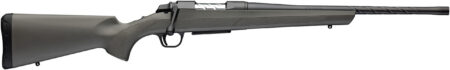Bolt-action rifle with a gray synthetic stock, black metal receiver, and a long threaded barrel on a white background.