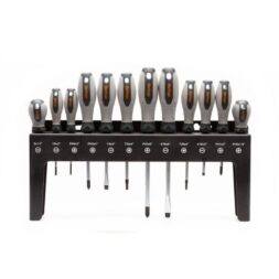 Set of interchangeable screwdrivers in a black stand, arranged by size with various bit tips visible (Phillips, flat, Torx).