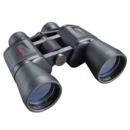 Black binoculars with blue-tinted lenses and a central focusing wheel, viewed from an angled side angle.